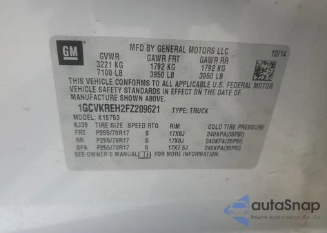 2015 Chevrolet Silverado K1500 Lt из США, поврежденный, VIN 1GCVKREH2FZ209621